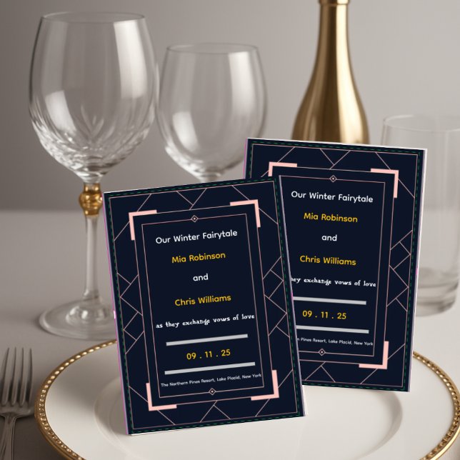 Invitation Mariage Art Déco Bleu Nuit Rose Doré Géométrique (Navy Blue Art Deco Rose Gold Geometric Wedding)