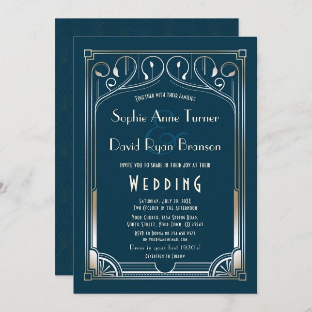 Invitation Mariage Art déco Bling Great Gatsby Gold Blue (Devant / Derrière)