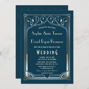 Invitation Mariage Art déco Bling Great Gatsby Gold Blue