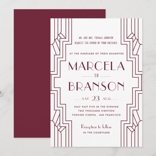 Invitation Mariage Art déco Bourgogne (Devant / Derrière)