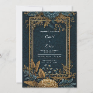 Invitation Mariage Art Déco Chrysanthème Bleu Nuit Or