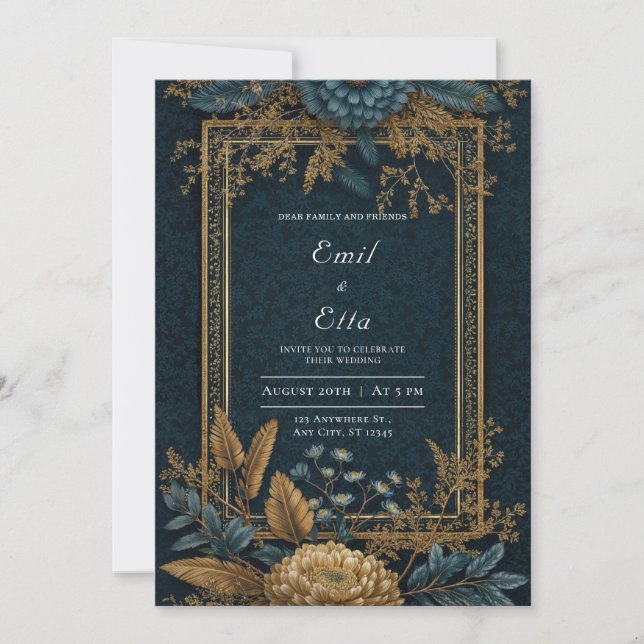 Invitation Mariage Art Déco Chrysanthème Bleu Nuit Or (Devant)