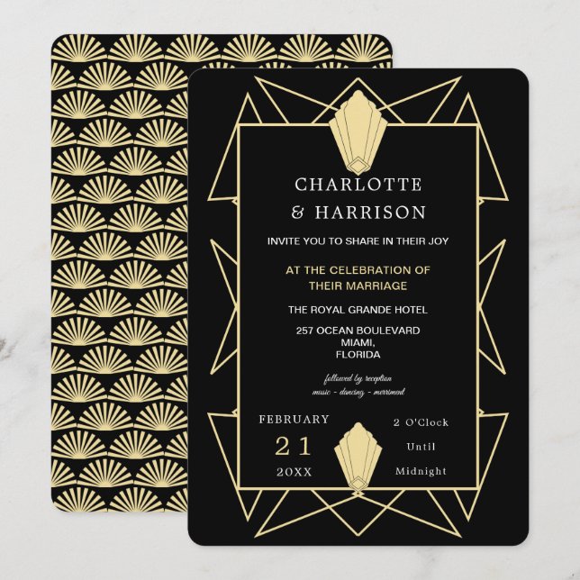 Invitation Mariage Art Déco Classy Black Gold (Devant / Derrière)
