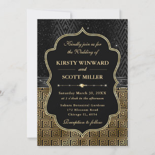 Invitation Mariage Art Déco clé grecque noir or luxueux