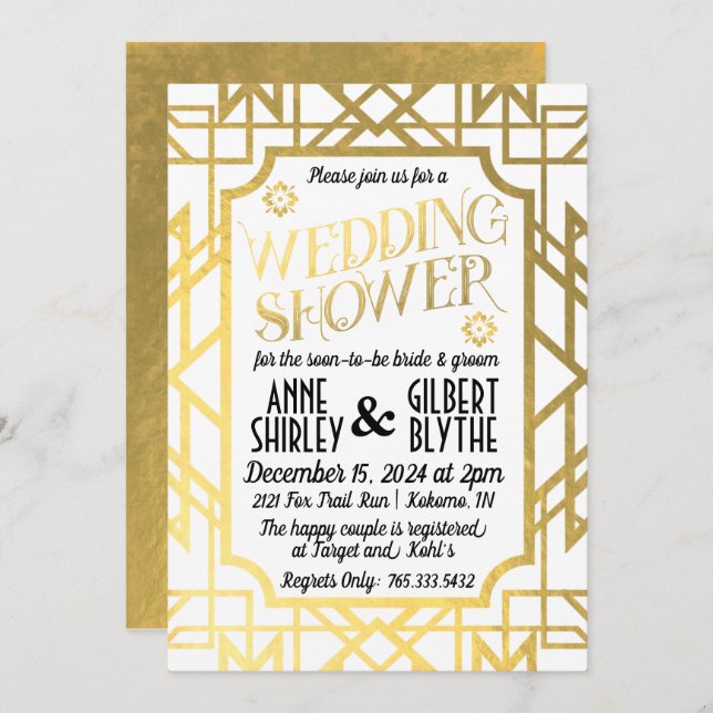 Invitation Mariage Art Déco Couple Shower Gatsby Or Foil (Devant / Derrière)