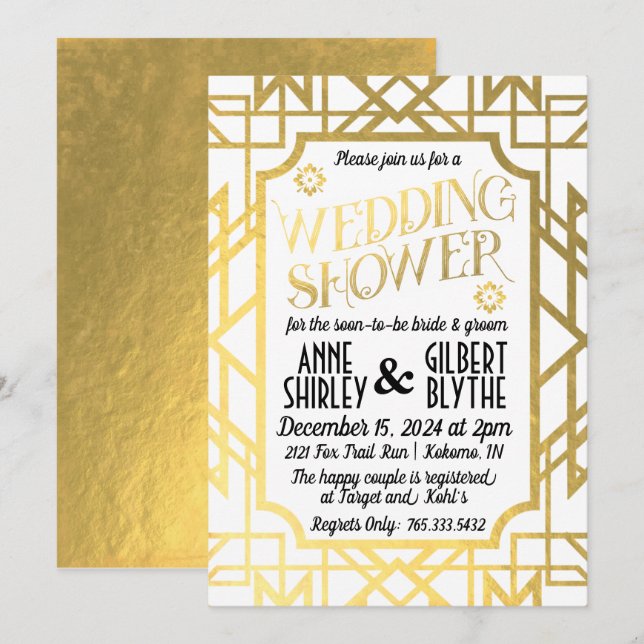 Invitation Mariage Art Déco Couple Shower Gatsby Papier Doré (Devant / Derrière)