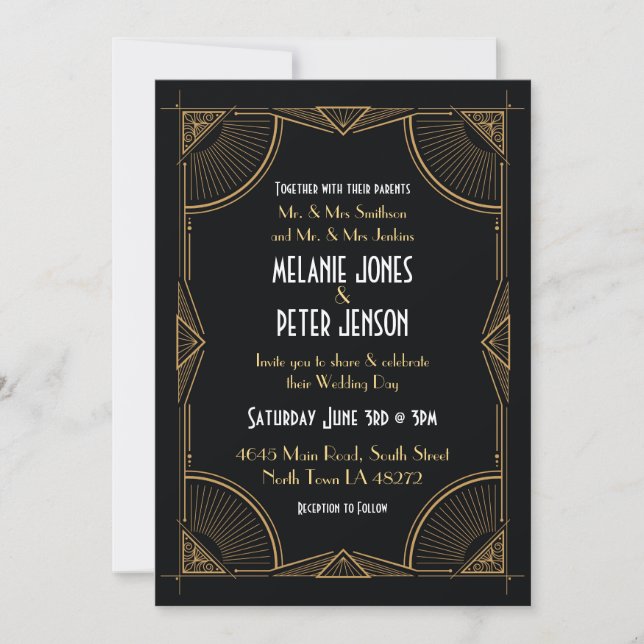 Invitation mariage Art déco des années 1920 Gatsby Party Blac (Devant)