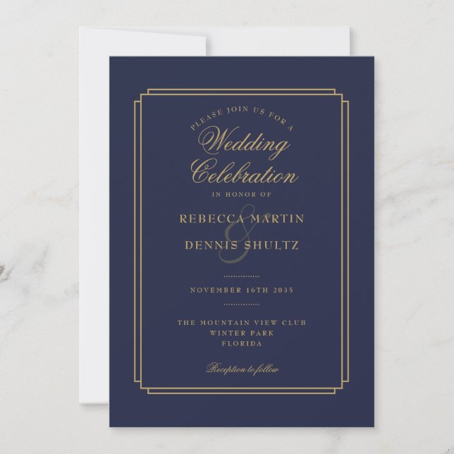 Invitation Mariage Art Déco écriture Navy Blue et Or (Devant)