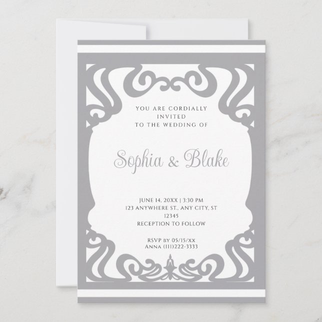Invitation Mariage Art Déco Élégant Argent et Blanc (Devant)