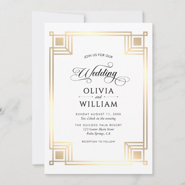 Invitation Mariage Art Déco Élégant Classique Or (Devant)