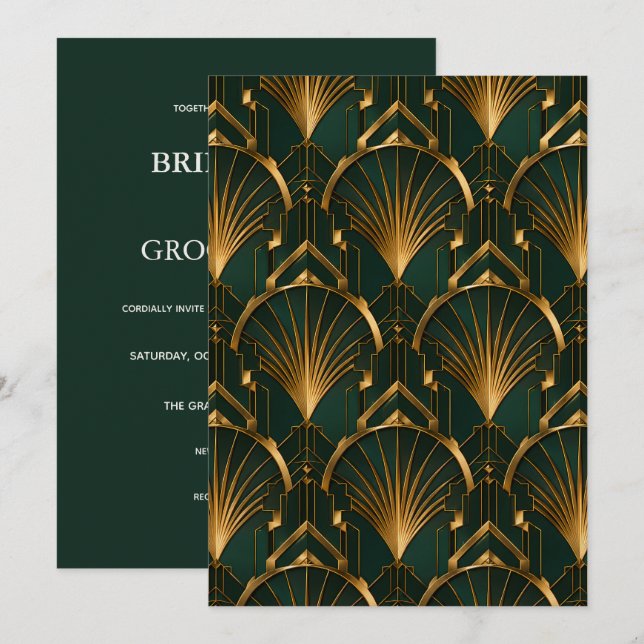 Invitation Mariage Art Déco Élégant Émeraude et Or (Devant / Derrière)
