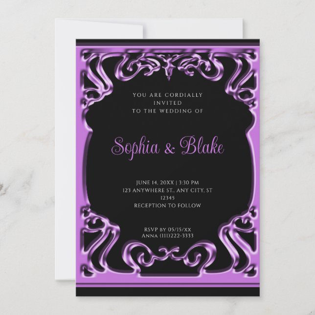 Invitation Mariage Art Déco Élégant Noir et Violet (Devant)