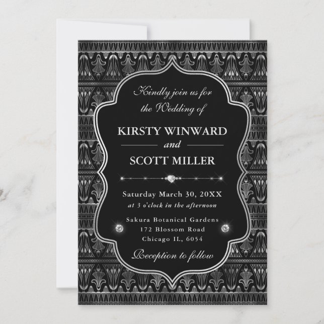 Invitation Mariage Art Déco Élégante Bordure Ornée Argentée (Devant)