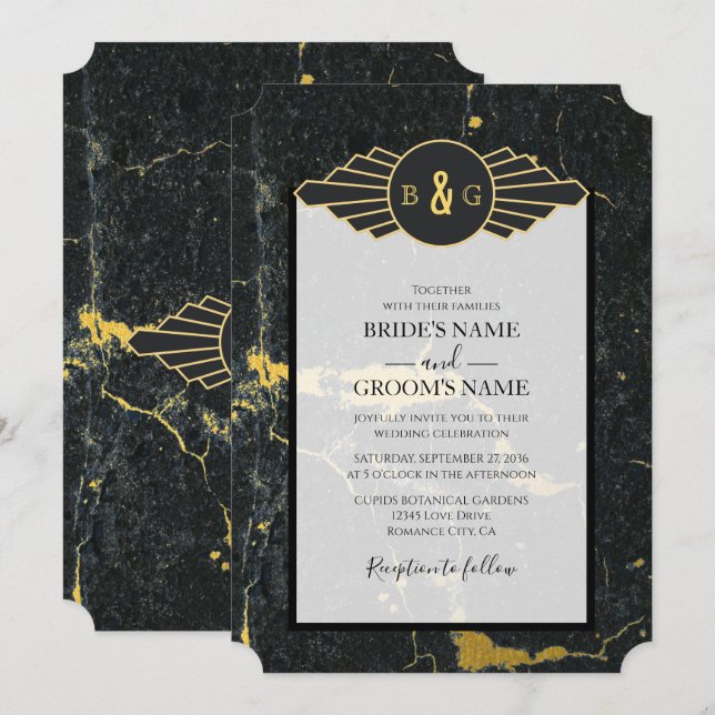 Invitation Mariage Art déco en marbre d'or noir (Devant / Derrière)