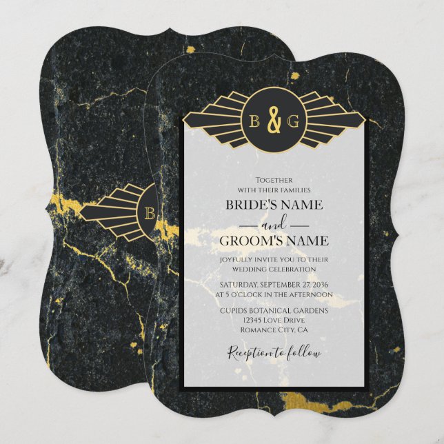 Invitation Mariage Art déco en marbre d'or noir (Devant / Derrière)