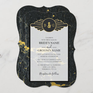 Invitation Mariage Art déco en marbre d'or noir