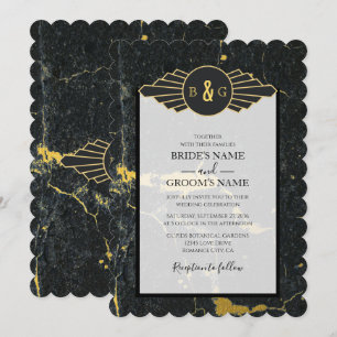 Invitation Mariage Art déco en marbre d'or noir