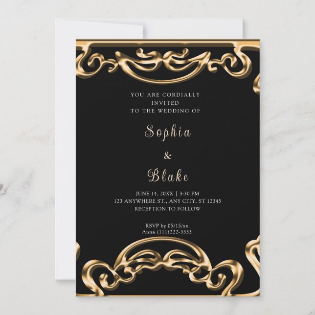 Invitation Mariage Art déco Fancy Black and Gold Scroll (Devant)