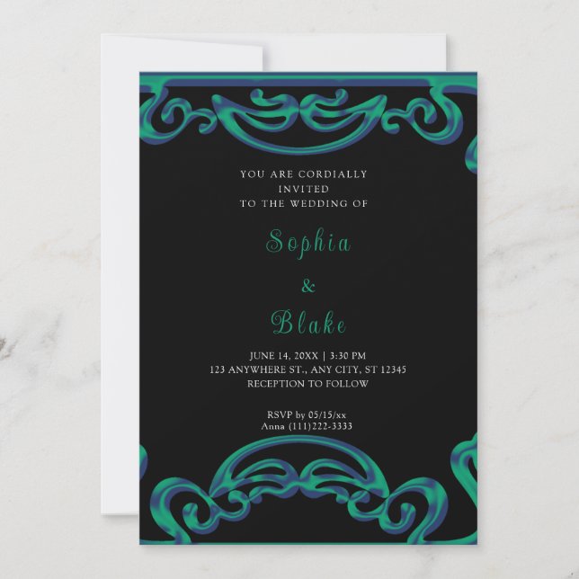 Invitation Mariage Art Déco Fatigué Noir, Vert & Bleu (Devant)