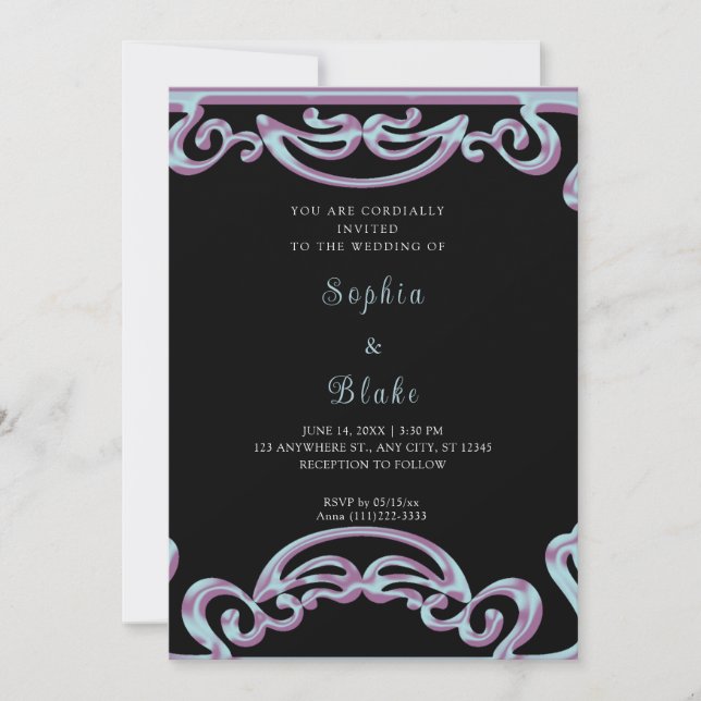 Invitation Mariage Art Déco Fatigué Noir, Violet & Bleu (Devant)