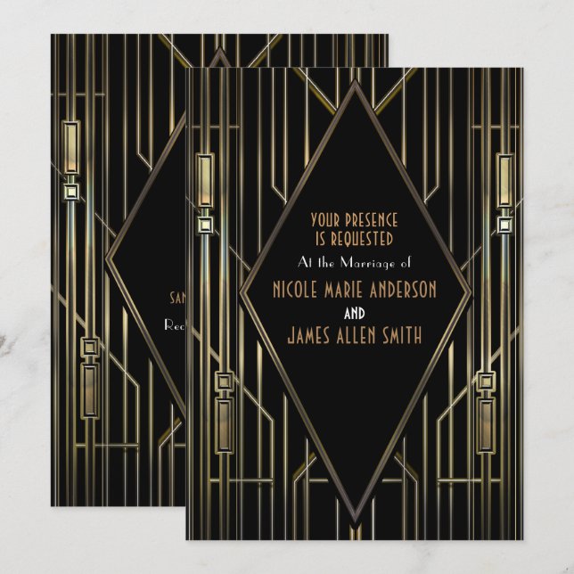 Invitation Mariage Art Déco Gatsby Glam 20 ans noir et or (Devant / Derrière)