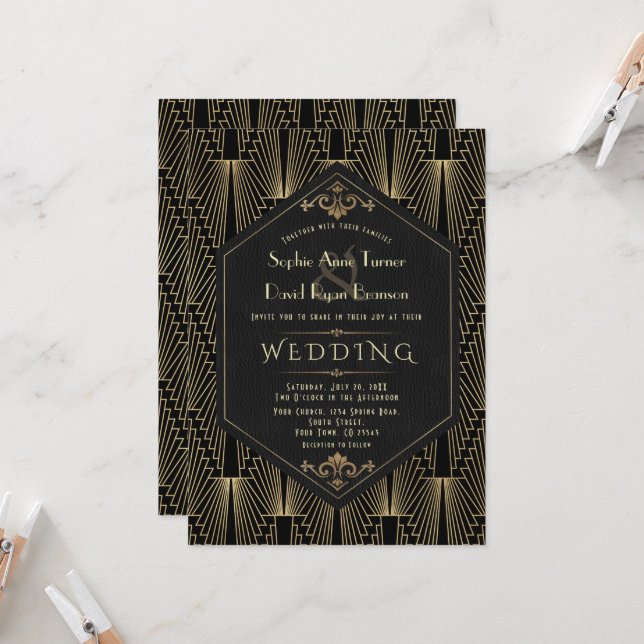 Invitation Mariage Art Déco Gatsby les Roaring Twenties (Devant/Arrière en situation)
