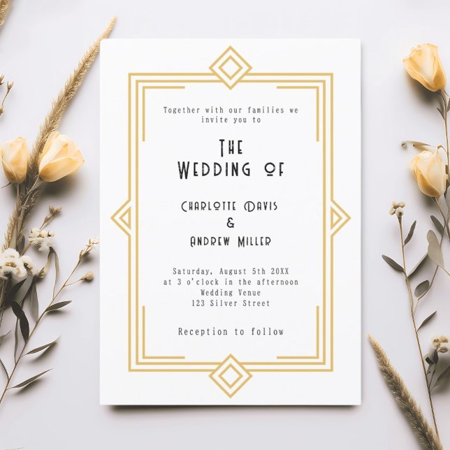 Invitation Mariage Art Déco Gatsby or blanc (Créateur téléchargé)