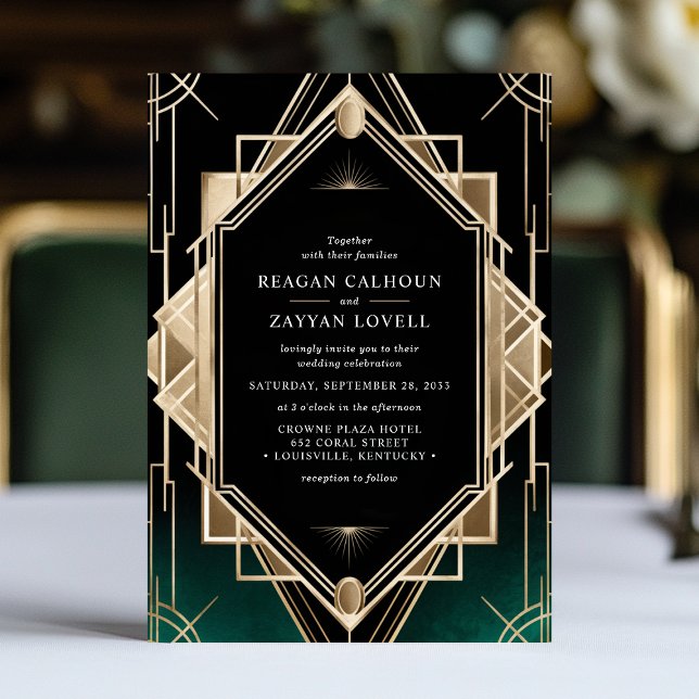 Invitation Mariage Art Déco géométrique vert émeraude et or (Créateur téléchargé)