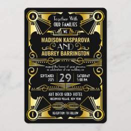 Invitation Mariage Art Déco Great Gatsby Ornate Black & Gold