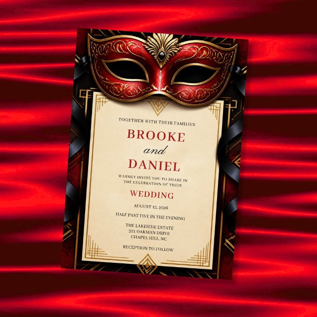 Invitation Mariage Art Déco Mascarade Rouge Glamour (Créateur téléchargé)