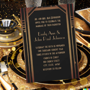 Invitation Mariage Art Déco Monogramme Noir & Or au Dos