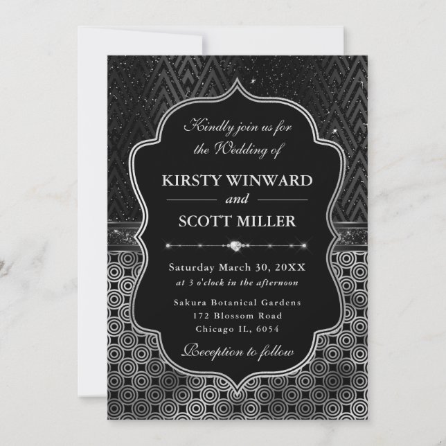 Invitation Mariage Art Déco Noir Argenté Glamour (Devant)