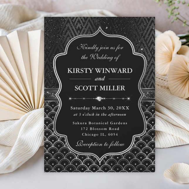 Invitation Mariage Art Déco Noir Argenté Glamour (Créateur téléchargé)