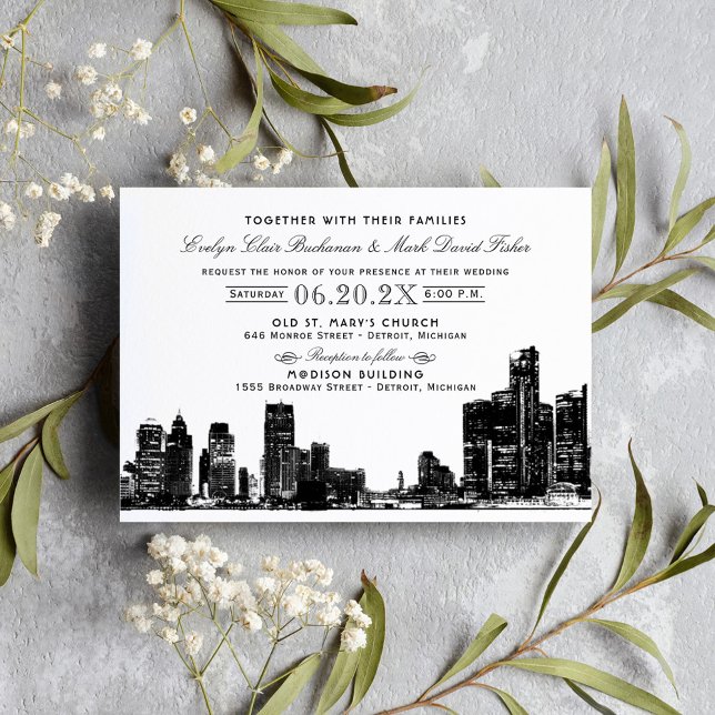 Invitation Mariage Art déco noir de Detroit Skyline (Créateur téléchargé)