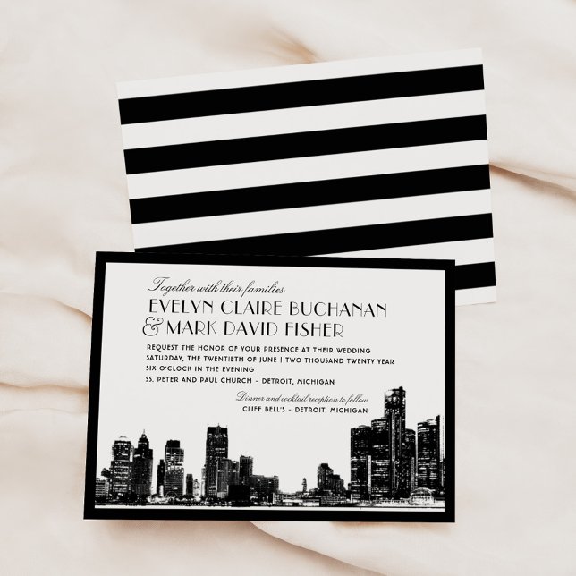 Invitation Mariage Art déco noir de Detroit Skyline (Créateur téléchargé)