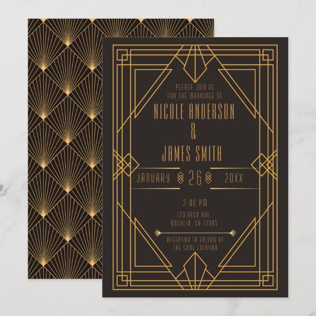 Invitation Mariage Art Déco noir élégant en or (Devant / Derrière)