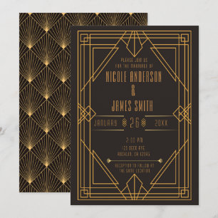 Invitation Mariage Art Déco noir élégant en or