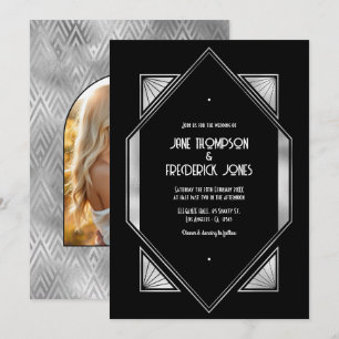 Invitation Mariage Art Déco Noir et Argent Moderne Gatsby