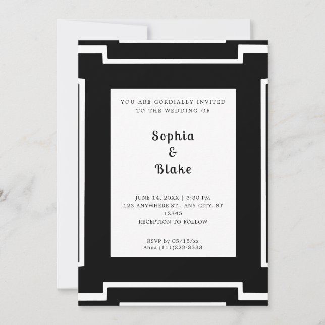 Invitation Mariage Art déco noir et blanc (Devant)