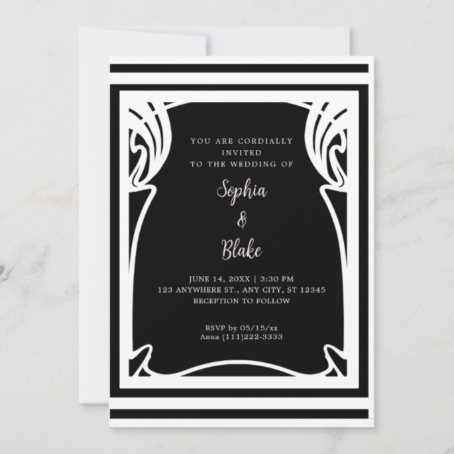 Invitation Mariage Art Déco Noir et Blanc Incroyable (Devant)