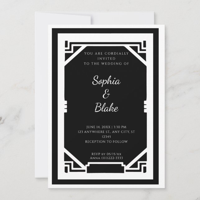Invitation Mariage Art déco noir et blanc vintage (Devant)