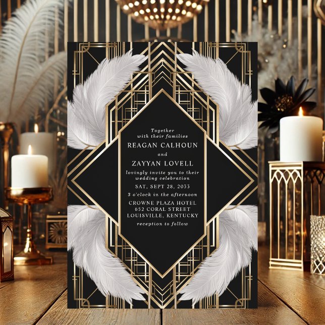 Invitation Mariage Art Déco Noir et Or à Plumes (Créateur téléchargé)