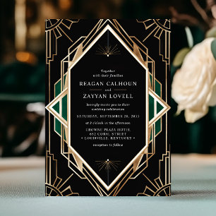 Invitation Mariage Art Déco Noir et Or Géométrique Émeraude 