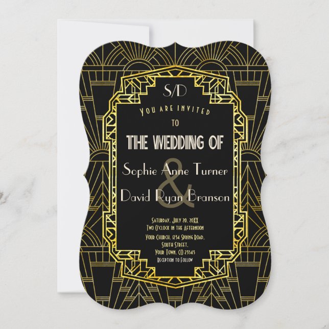 Invitation Mariage Art Déco noir et or Great Gatsby (Devant)