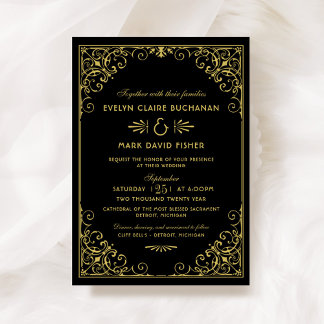 Invitation Mariage Art déco noir et or vintage