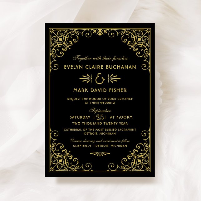 Invitation Mariage Art déco noir et or vintage (Créateur téléchargé)