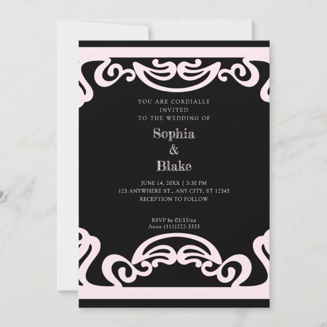 Invitation Mariage Art déco noir et rose simple (Devant)