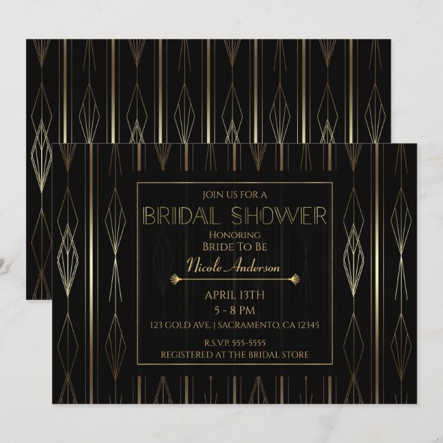 Invitation Mariage Art Déco Noir & Or (Devant / Derrière)