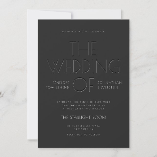 Invitation Mariage Art Déco Noir Typographie Faux Gaufrage (Devant)