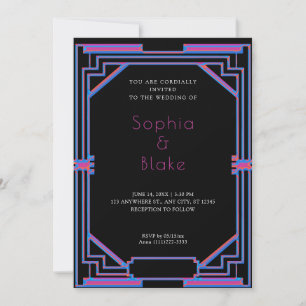 Invitation Mariage Art Déco Noir, Violet et Bleu Intriqué